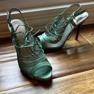 Escada Cage Lace up Slingback Open Toe Seafoam Green Heel Made in Italy 38.5